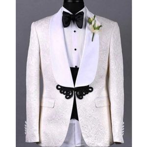 Witte bloemenpatroon Mannen Past met zwarte broek Slim Fit Bruiloft Bruidegom Tuxedo voor Diner Party Custom 3 Stuk Blazer Vest 2021 X0909