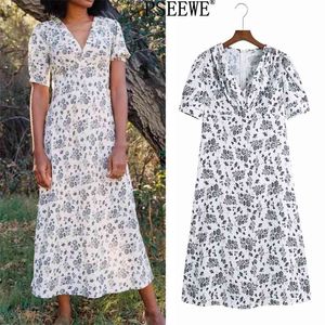 Robe mi-longue à imprimé floral blanc femmes élégant Vintage col en V à manches courtes été es femme Cottagecore 210519