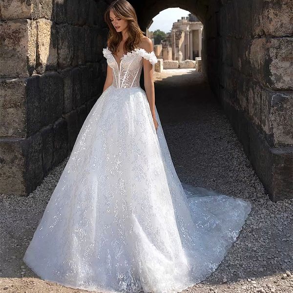 Vestidos de novia de una línea de flores blancas, espalda abierta sexy, encaje de lentejuelas con purpurina, preciosos vestidos de novia, corsé con hombros descubiertos, vestido de novia de jardín