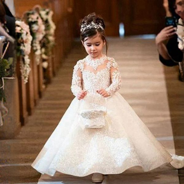 Vestidos de niña de flores blancas Mangas largas Lazo de encaje de tul con gradas en la espalda Princesa Reina Vestidos de niña de flores Vestido de fiesta para niños pequeños para matrimonio Vestido de novia CF032