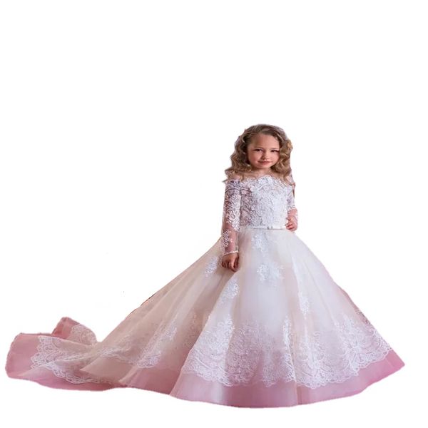 Vestidos blancos para niñas de flores Mangas largas Vestido de primera comunión con apliques de encaje Por encargo Tren de barrido Fruncido Tul Ropa formal para niños