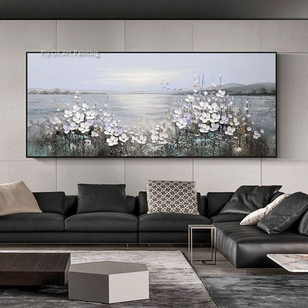 Pintura colgante de flor blanca, pintura al óleo azul gris pintada a mano para sala de estar, fondo de sofá, pintura decorativa de pared, pintura al óleo foral, arte de pared de paisaje