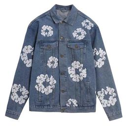 Witte bloem Heren Jeans Denim Floral Jacket Readymade Foam Flower Co Branded Tears Dames Bladerdeeg Gedrukt Distressed Pullover Borduren Kapok pi