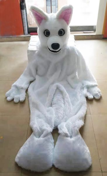 Costume de mascotte en fourrure longue, renard blanc Husky chien, Costume de loup