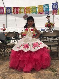 Blanco fucsia bordado Little Pricess Mini Quinceanera vestidos 2023 Floral fuera del hombro infantil flor niñas vestido