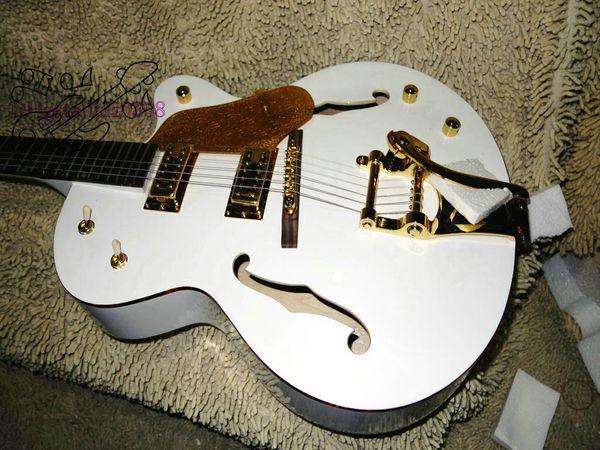 Blanc G6136T corps Semi creux F trou rêve guitare électrique vibrato cordier or étincelle reliure vignette incrustation