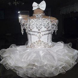 Robes de concours de fille blanche en dentelle en dentelle licou perl￩ manches courtes arc organise de la robe de bal cupcake pour tout-petit girls fleuris pour w253q