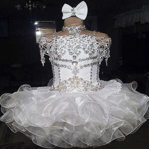 White Girl's Pageant Jurken Lace kralen Halter Korte mouwen BOEG Organza Ball Jurk Cupcake Toddler Little Flower Girls For Weddin 309P