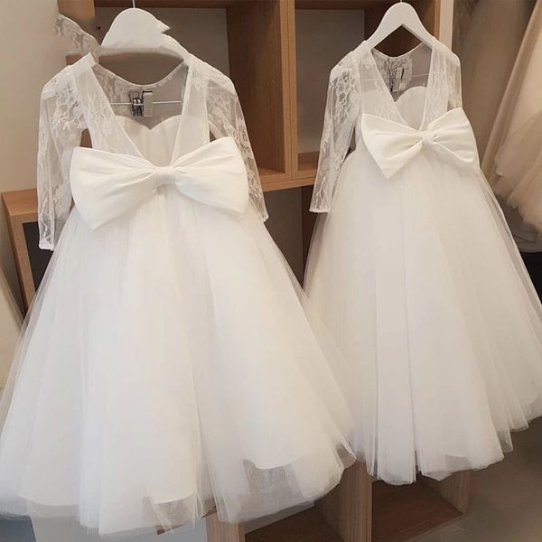 Vestido blanco de dama de honor para niñas, para boda, encaje, elegante, para adolescentes, vestidos de graduación de noche, sin espalda, lazo grande, vestidos de fiesta de princesa para niños