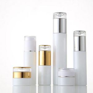 Pots cosmétiques en verre blanc Bouteille de pompe de lotion Bouteilles de pulvérisation d'atomiseur avec couvercles en acrylique 20g 30g 50g 20ml - 120ml Nivgh