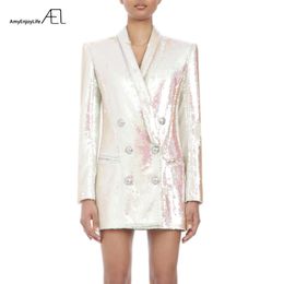 Blanc Glitter Top Femme Manteau De Mode Slim Col En V Sexy OL Style Jour Costume Veste Printemps Dames 211122