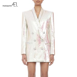 Blanc Glitter Top Femme Manteau De Mode Slim Col En V Sexy OL Style Jour Costume Veste Printemps Dames Nouveau 201201