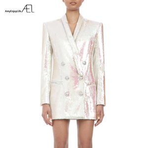 Blanc Glitter Top Femme Manteau Mode Slim Col V Sexy OL Style Day Costume Veste Printemps Dames 210930
