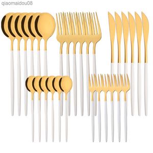 Or blanc 24/30 Pcs Vaisselle Ensemble Couteau Fourchette À Fruits Cuillère À Thé Vaisselle Couverts En Acier Inoxydable Couverts Cuisine Argenterie L230704