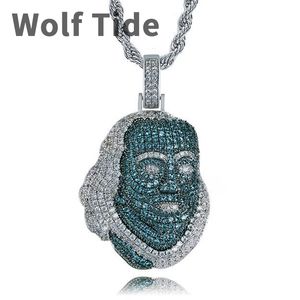 Collier pendentif Franklin Portrait pour hommes, qualité supérieure, or blanc, émeraude, zircone cubique, diamant vert personnalisé, Hip Hop rappeur, Bijoux cadeaux pour hommes