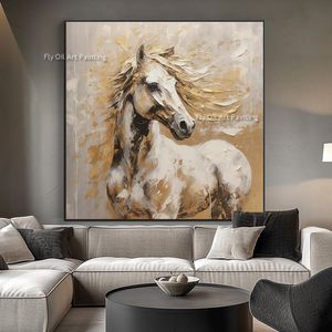 Pintura de aceite de caballo blanco de oro blanco Arte extra grande Hecho a mano Caballo blanco y negro Arte de la pared del caballo del caballo animal Pinturas de caballos Lienzo pesado para el hogar para el hogar