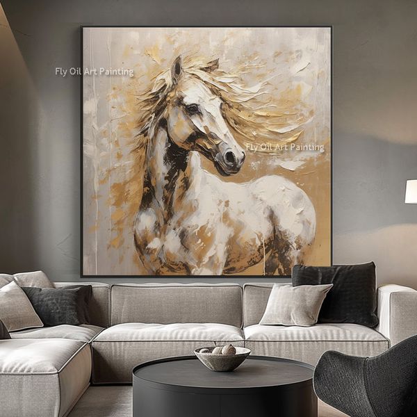 Paint d'huile de cheval en or blanc extra grand art à la main White et noir Résumé Résumé Mur de cheval Art animal peintures de chevaux
