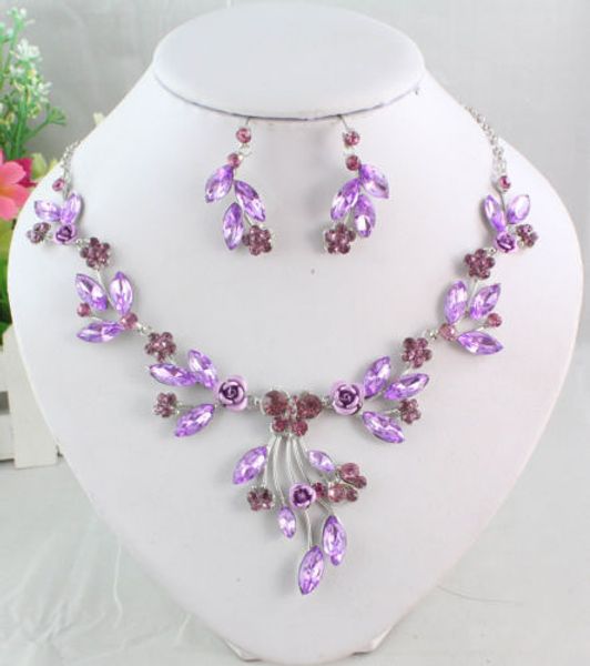 Ensemble de bijoux de collier de boucle d'oreille en cristal de strass autrichien violet plaqué or blanc