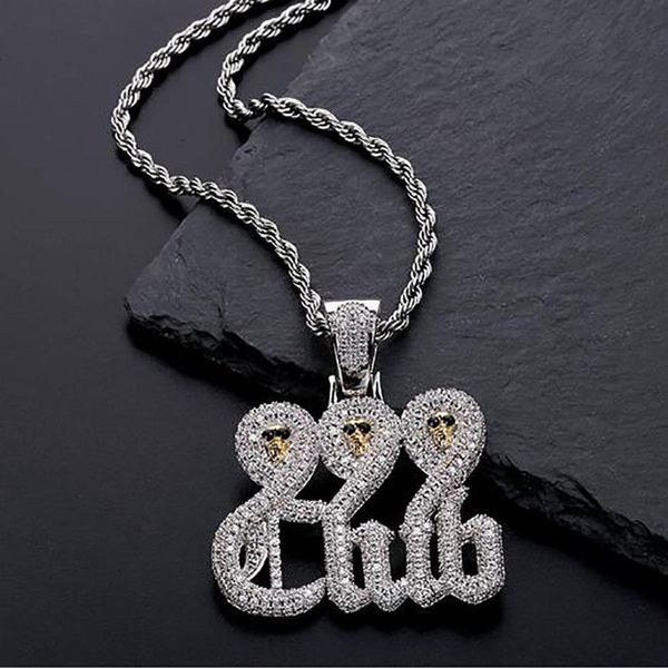 Collier avec pendentif tête de mort en or blanc 999, avec chaîne en corde de 60cm, bijoux hip hop en zircone cubique de haute qualité, 2398