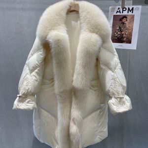 Manteau en duvet d'oie blanche veste d'hiver femmes réel col de fourrure de renard naturel épais chaud longue mode ample 240105