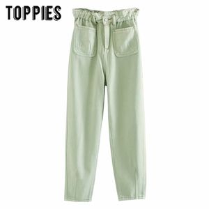 Jean vert blanc Denim Paperbage Pantalon Poches avant Taille haute Longueur de la cheville Streetwear 210421