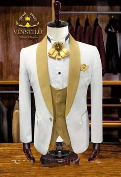 Blanco Novio Esmoquin Oro / Azul marino Solapa Padrino de boda Traje de 3 piezas Moda Hombres Negocios Chaqueta de fiesta Blazer (Chaqueta + Pantalones + Corbata + Chaleco) 2600