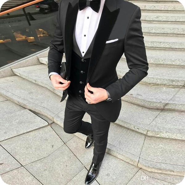 Esmoquin de novio blanco, trajes de boda para hombre, chaqueta negra con solapa en pico para hombre, chaqueta ajustada de 3 piezas, pantalones, chaleco con un botón, fiesta de graduación