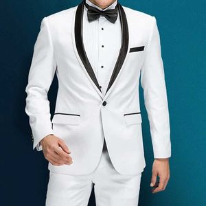Witte bruidegom smoking met zwarte sjaal revers slim fit mannen pakken 2 stuk mannelijke jas broek nieuwste jas modeontwerp x0909