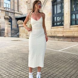 Blanc licou dos nu robe mi-longue pour les femmes robe été nouveau Hollout découpé à lacets Sexy longue robe Vestidos 2023