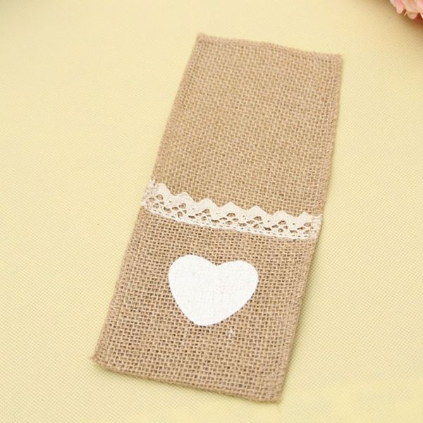 Blanc coeur toile de jute argenterie porte-couverts rustique Table de mariage décor Jute dentelle couteau fourchette pochette couverture sacs QW8439