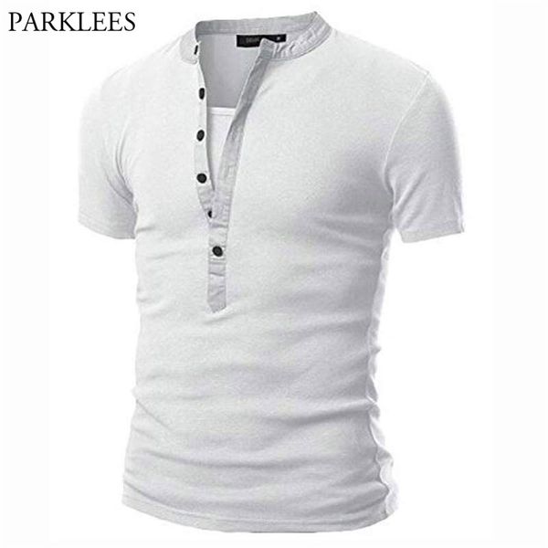 Blanc Henley T-shirt Hommes Été Mens V Col À Manches Courtes Tee Homme Casual Slim Fit Bouton Design T-shirts XXL 210706