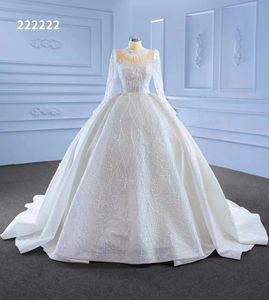 Hoge kraag trouwjurk lange mouw parel luxe tule bruid backless handwerk wit sm222222