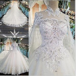 Witte high neck bal jurk land bruiloft jurken plus size kralen blings echte foto vestidos de noche satijnen bruids downs wrap 218r
