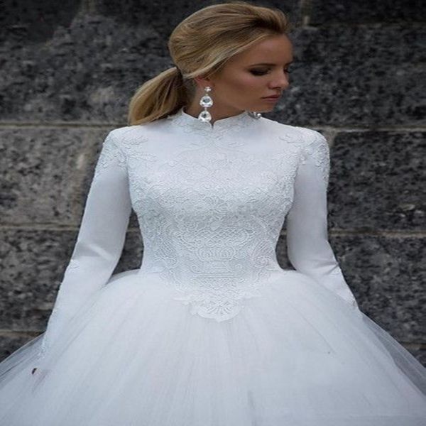 Robes de mariée musulmanes à manches longues blanches