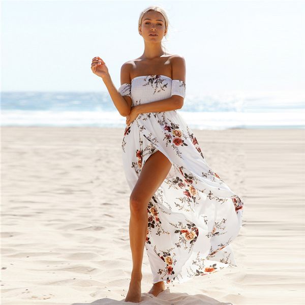 Blanco vacaciones elegante playa maxi vestido más tamaño 5xl mujeres sin tirantes alto split sexy verano vestido largo con volantes vintage vestidos 210507