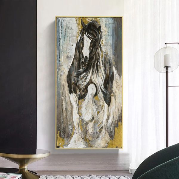 Cheval blanc peinture à l'huile sur toile imprime animaux photos mur Art pour salon moderne décor à la maison doré Cuadros pas de cadre