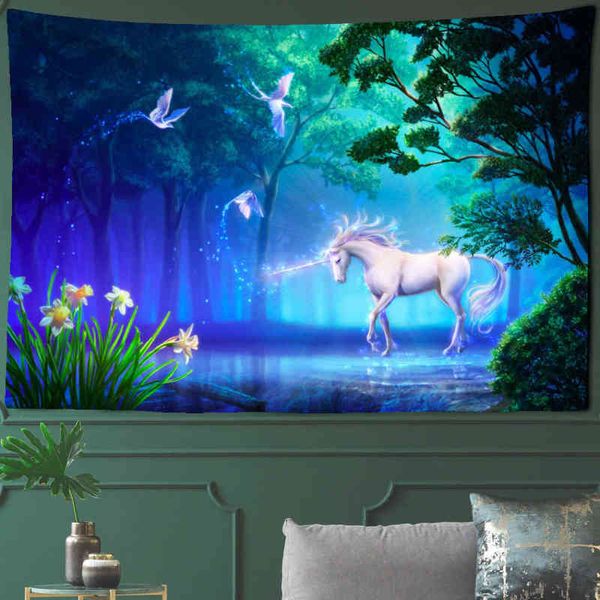 Caballo blanco Pared Alfombra Unicornio Decoración del hogar Sofá Bosque Paisaje Sala de estar Colgante J220804