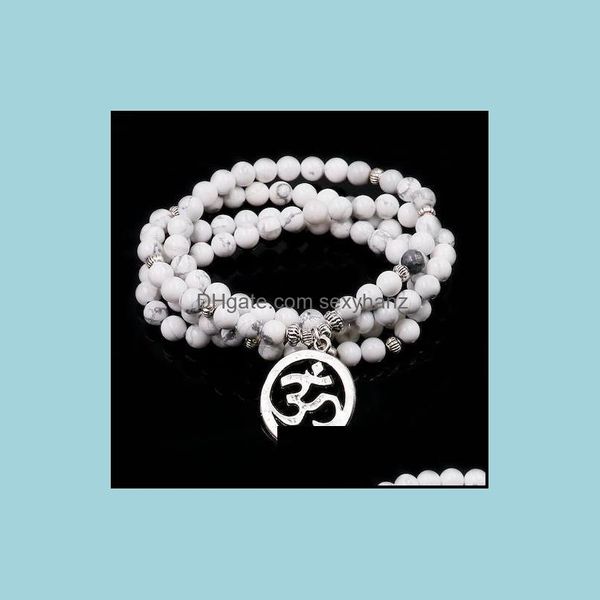 Howlite blanche Mala avec pendentif Lotus bracelets de perles en pierre naturelle pour hommes et femmes Chakra moderne Yoga Zen bijoux perlés, brins goutte
