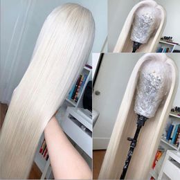Pelucas de cabello humano blanco para mujer, peluca con malla frontal rubia platino, pelo Remy brasileño liso, pelucas de encaje transparente HD