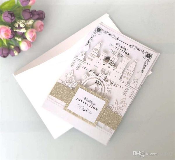 Tarjeta de invitación blanca Tarjetas de felicitación ahuecadas con láser Diseño de cuatro fracturas Suministros para decorar bodas Papel ligero de perlas de castillo 2dsC1