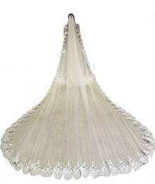 Ivoire blanc 4 mètres lg Veille de mariage en dentelle à bord complet une couche Vele de mariée en tulle avec des actions de mariage de peigne veu velo noiva t7ke #