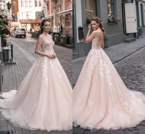 Bescheiden blozen roze plus size strand trouwjurk birdal jurken sweetheart kant applique tiered tule queen formele jurken vestidos op maat gemaakt