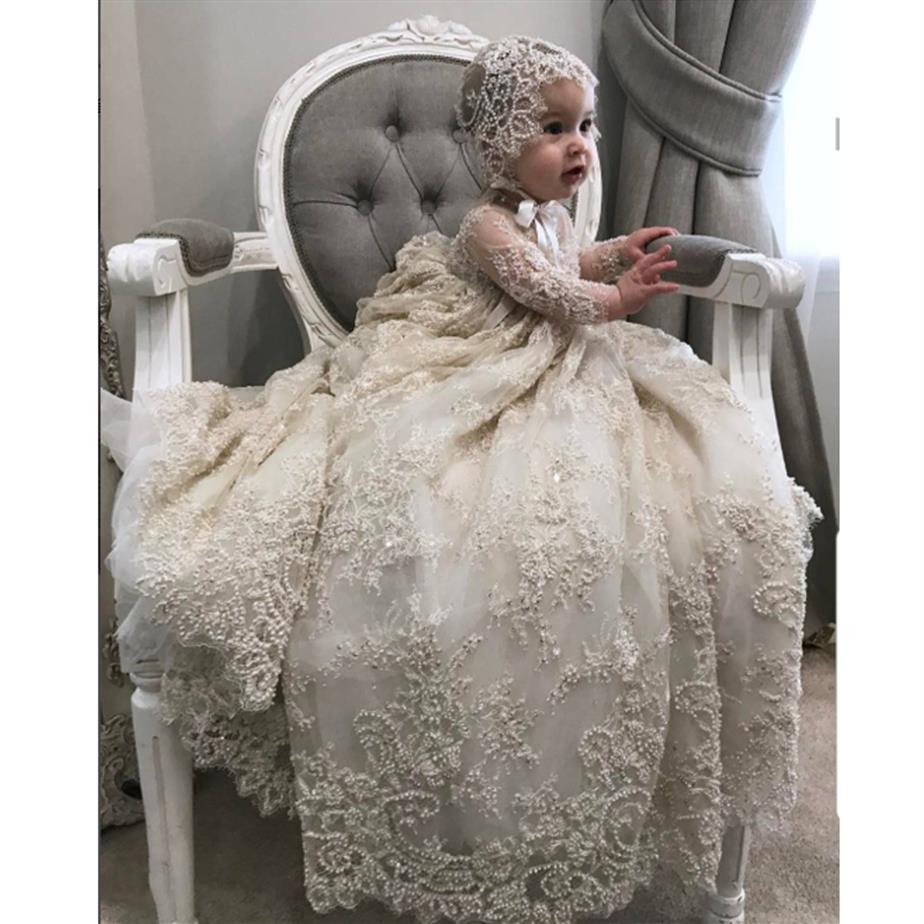 White Ivory Christening Gown for Little Kids O Neck Long Sleeve Lace Pearls First Communion Dress Toddler Infant Baptism Gowns 288M