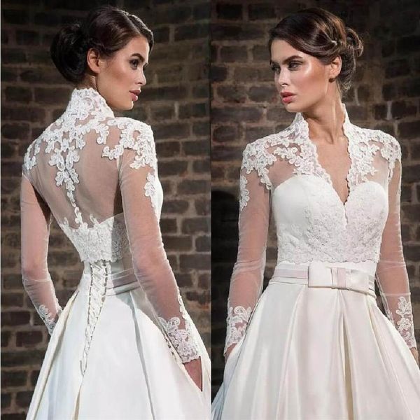 Blanc Ivoire Dentelle Appliques Col Haut Wraps De Mariage Avec Manches Longues Sheer Boléro De Mariée Vestes Tulle Accessoires De Mariée Personnalisé M273f