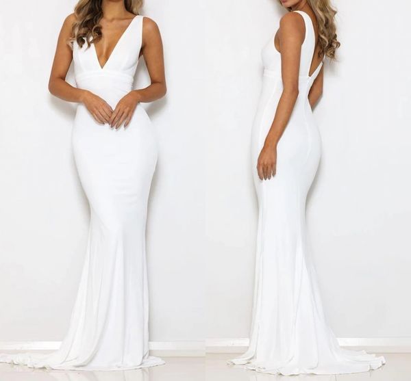 Robes de mariée de sirène blanche simple minimaliste Sexy Deep V Neck Boho Graden Beach Bridal Robes Slim Fitted Backless Sweep Train Reception Party Bride Robes AL9183