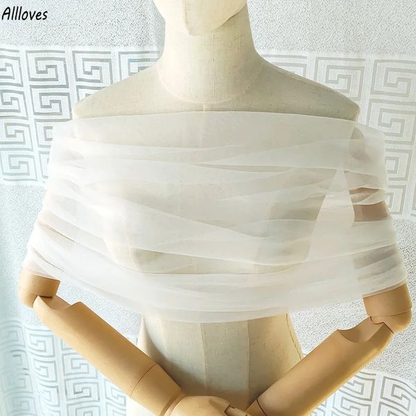Wrap en tulle blanc ivoire pour femmes de mariée boléro châle plissé vestes transparentes mariage hors de l'épaule élégant châle formel avec bouton personnalisable CL2540