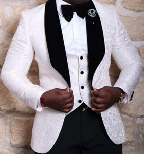Esmoquin Jacquard blanco, chal de terciopelo negro, solapa, padrinos de boda, vestido de boda, excelente chaqueta de hombre, Blazer, traje de 3 piezas
