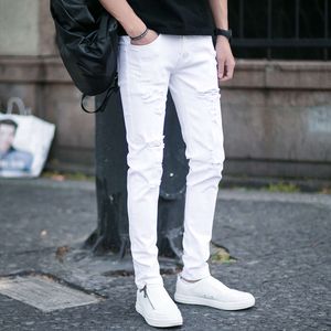 Witte jeans, heren zomer dunne stretch slank fit broek, heren Koreaanse versie trendy puur wit geperforeerde lange broek