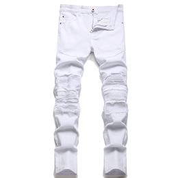 Pantalones vaqueros blancos para hombre, ajustados, de alta calidad, a la moda, rectos, de mezclilla, pantalones de motociclista de gran tamaño, pantalones de Hip Hop para hombre 28-42