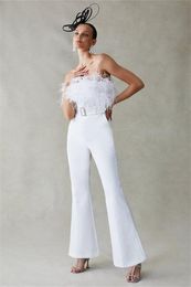 White Jumpsuits Women Wear Long Prom Dresses with Feathers Strapless Zipper Back Evening Party Formal Gowns Pant Suits Robe De Soiree